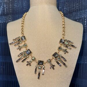 Gold-Tone Statement Necklace with Smoke and Olive Crystals